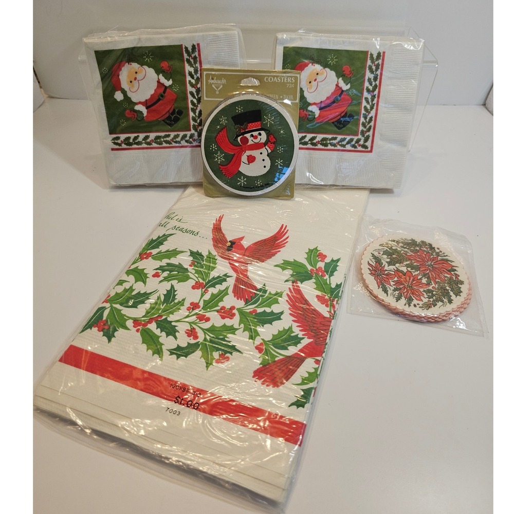 Lot of Vintage Ambassador Christmas Napkins, Coasters and‎ Tablecloth NOS